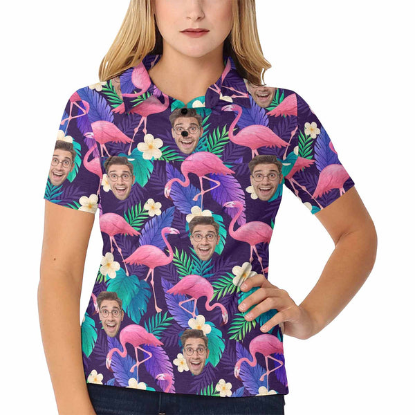 Custom Face Purple Flamingo Polo Shirt, Personlized Shirt For Women, Photo Women's All Over Print Polo Shirt
