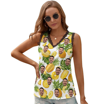 Custom Face Tops Yellow Pineapple Women's V-Neck Sleeveless Top