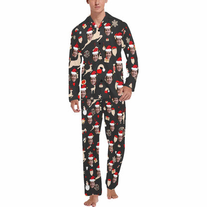 Custom Face Pajamas Elk&Gift Black Sleepwear Personalized Men's Long Pajama Set