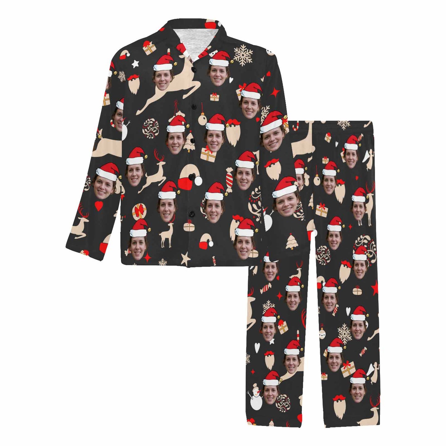 Custom Face Pajamas Elk&Gift Black Sleepwear Personalized Men's Long Pajama Set