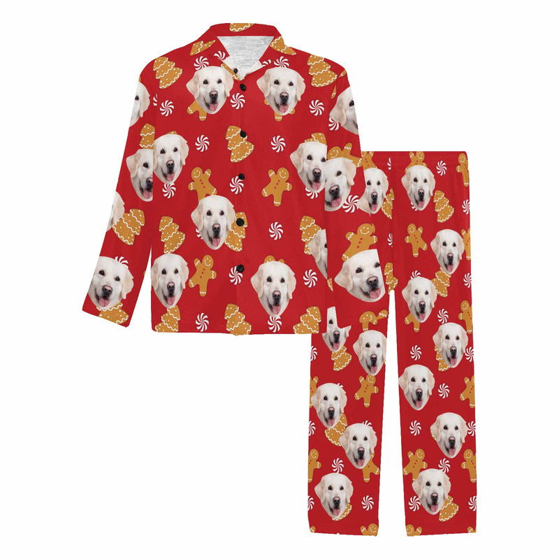 Custom Pet Face Pajamas Cookie Red Sleepwear Personalized Men's Long Pajama Set