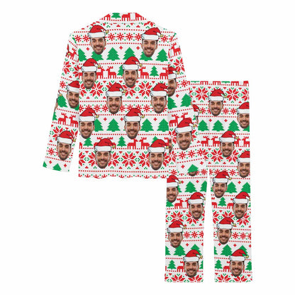 Custom Face Pajamas Green Tree&Red Snowflake Sleepwear Personalized Women's Long Pajama Set