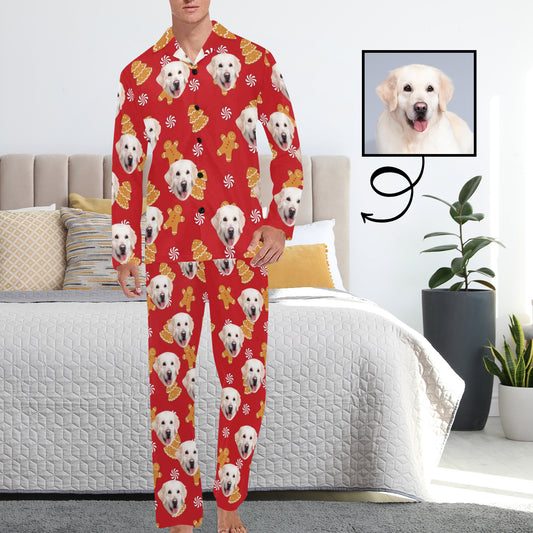 Custom Pet Face Pajamas Cookie Red Sleepwear Personalized Men's Long Pajama Set