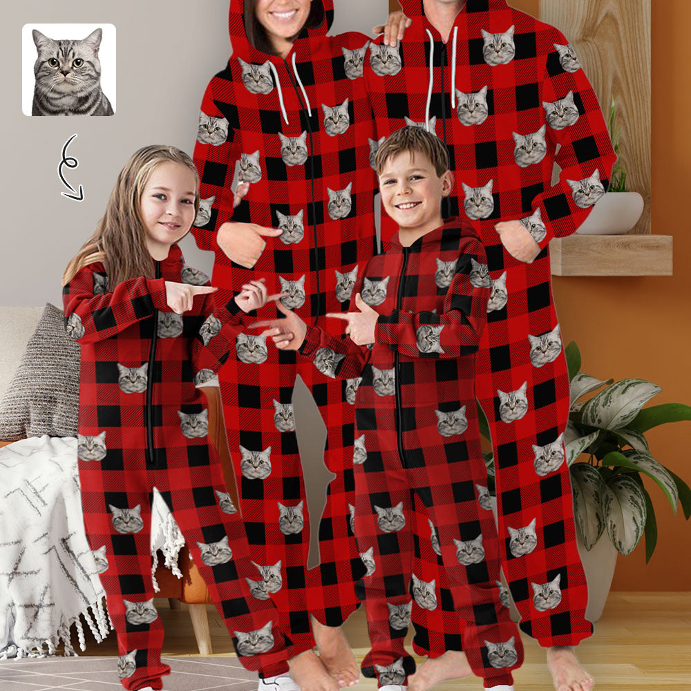 Personalized Hooded Onesie for Family Custom Face Grid Red Zip Jumpsuits with Pocket One-piece Pajamas for Adult kids