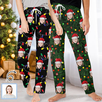 Personalized Long Pajama Pants Unisex Lacing Custom Face Christmas Hat Green and Black Sleepwear Slumber Party