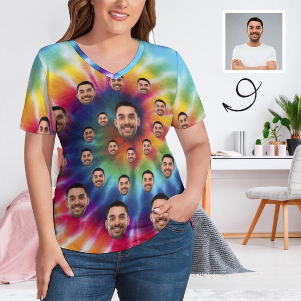 #Plus Size T-shirt-Custom Face Tie Dye Plus Size V Neck T-shirt for Her Print Your Own Face on Shirt