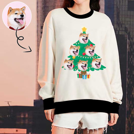 Custom Pet's Face Christmas Tree Women's All Over Print Crewneck Sweatshirt, Personalized Sweater With Photo