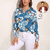 Custom Face Blue Background White Leaves Vntage Casual Long Sleeve Hawaiian Shirts