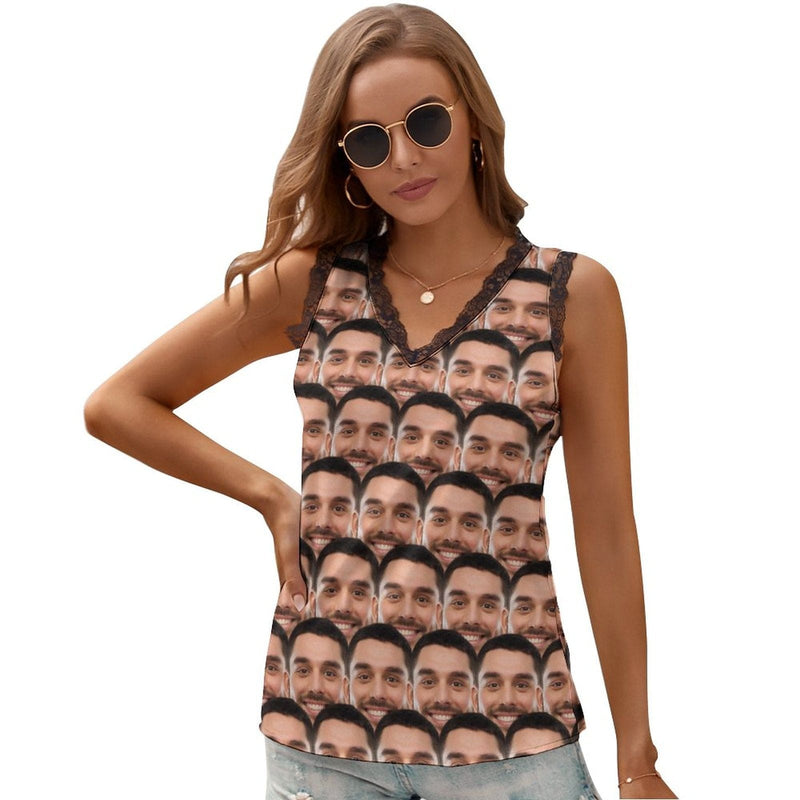Face on Tank Top Seamless Personalized Women's V-Neck Sleeveless Top Design Gift for Her