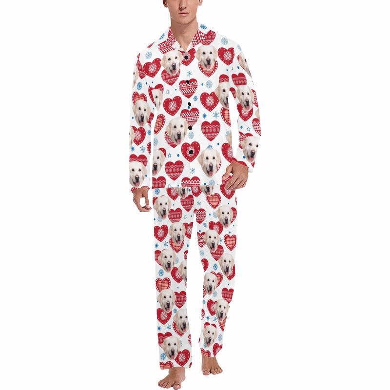 Custom Face Pajamas Heart&Blue Snowflake Sleepwear Personalized Men's Long Pajama Set