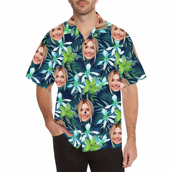 Custom Face Green Leaves Men's All Over Print Hawaiian Shirt, Personalized Aloha Shirt With Photo Summer Beach Party As Gift for Vacation