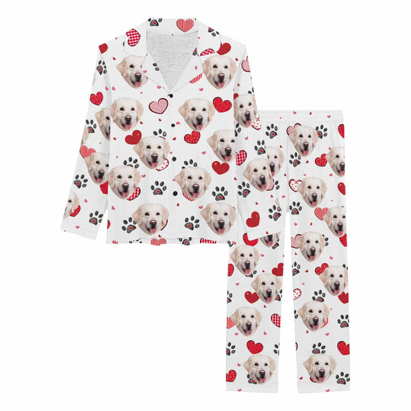 Custom Face Pajamas Pet's Footprint&Heart Sleepwear Personalized Women's Long Pajama Set