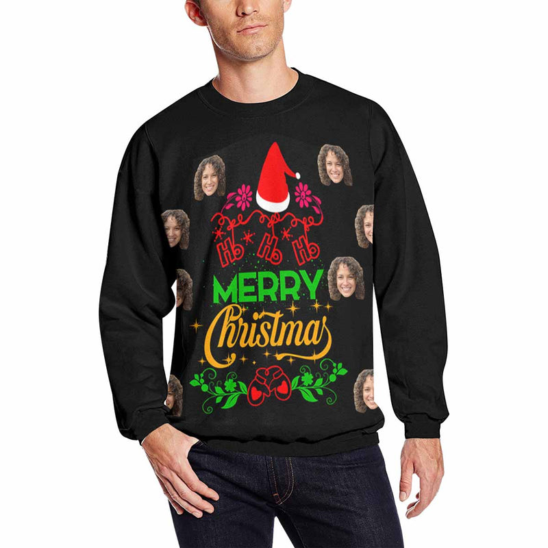 Personalized Merry Christmas Sweater With Face, Custom Photo Men's All Over Print Crewneck Sweatshirt