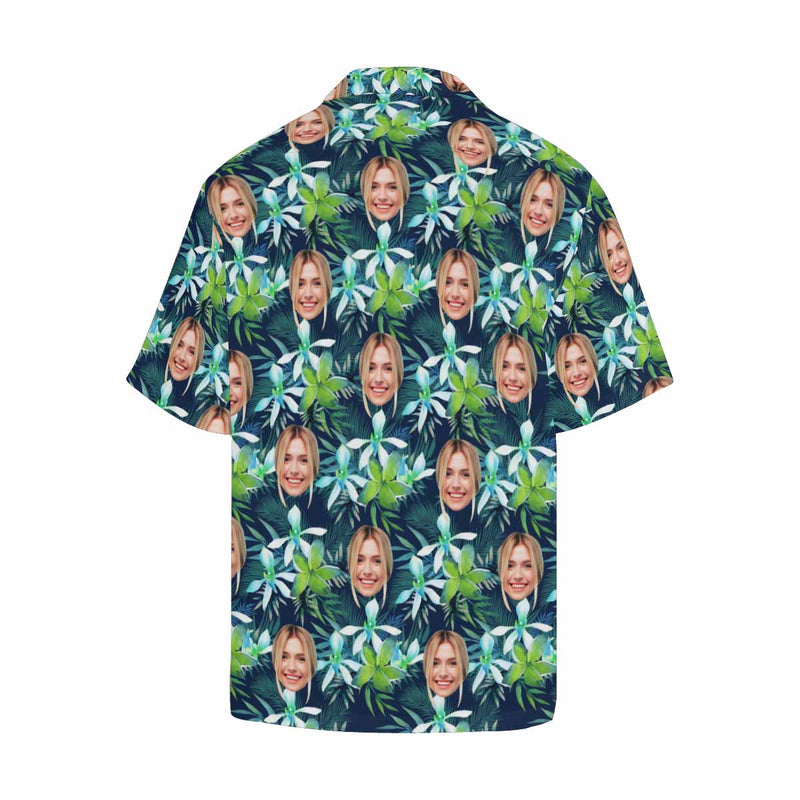 Custom Face Green Leaves Men's All Over Print Hawaiian Shirt, Personalized Aloha Shirt With Photo Summer Beach Party As Gift for Vacation