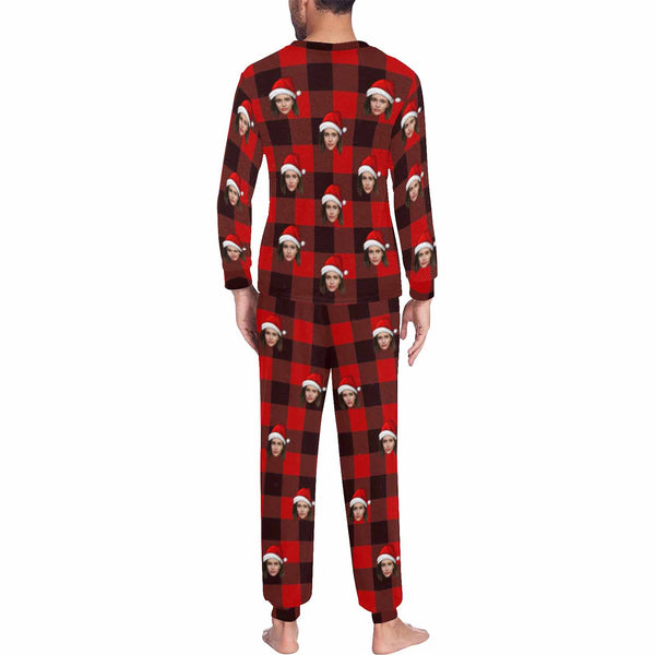 Custom Christmas Hat Red Black Grids Men's Long Pajama Set