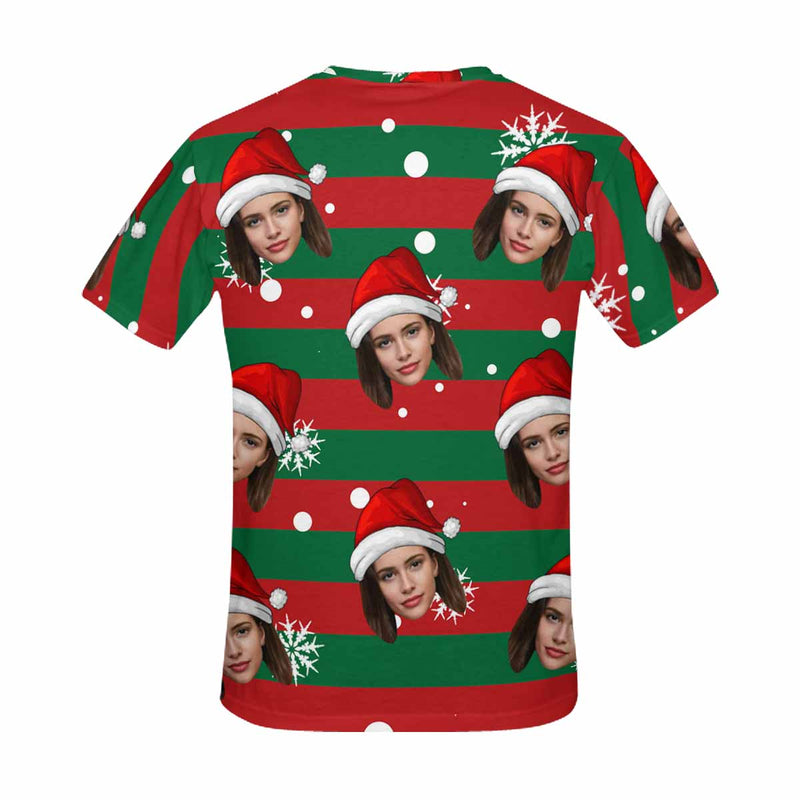 Custom Face Red&Green Stripes Christmas Tee Put Your Photo on Shirt Unique Design Men's All Over Print T-shirt