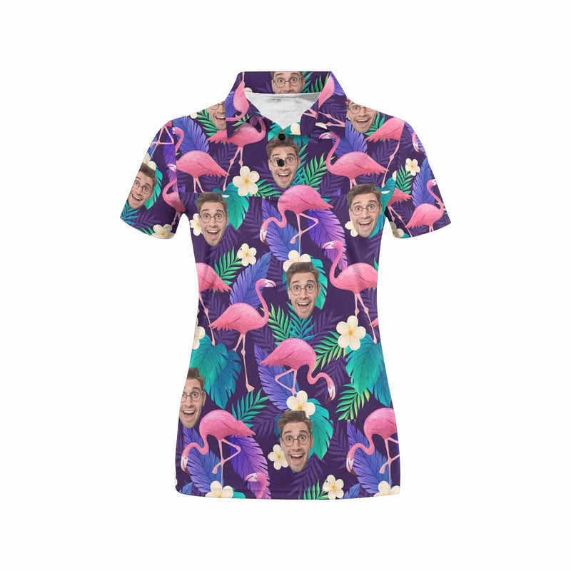 Custom Face Purple Flamingo Polo Shirt, Personlized Shirt For Women, Photo Women's All Over Print Polo Shirt