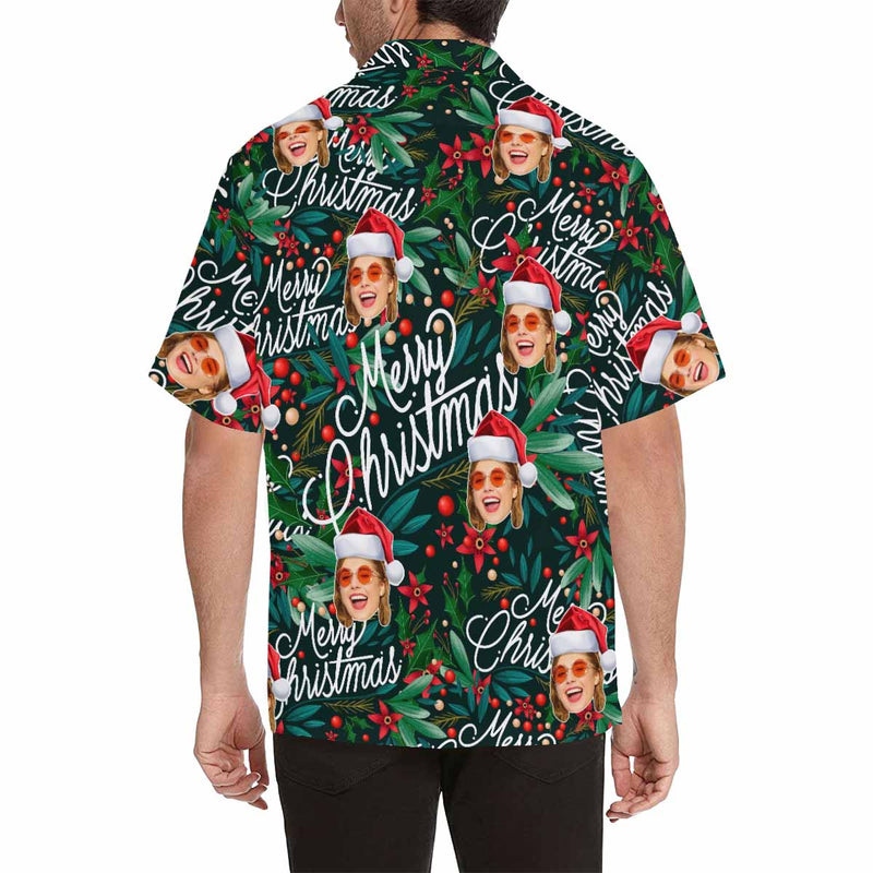 Custom Face Small Red Flowers Christmas Men's All Over Print Hawaiian Shirt