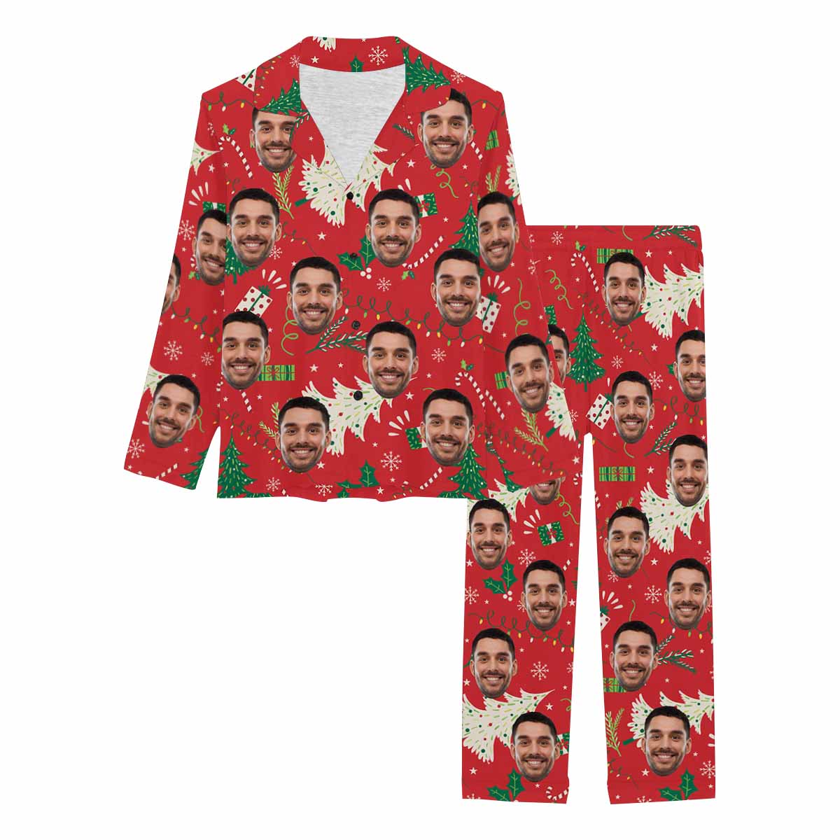 Custom Face Pajamas Christmas Tree Red Sleepwear Personalized Women's Long Pajama Set