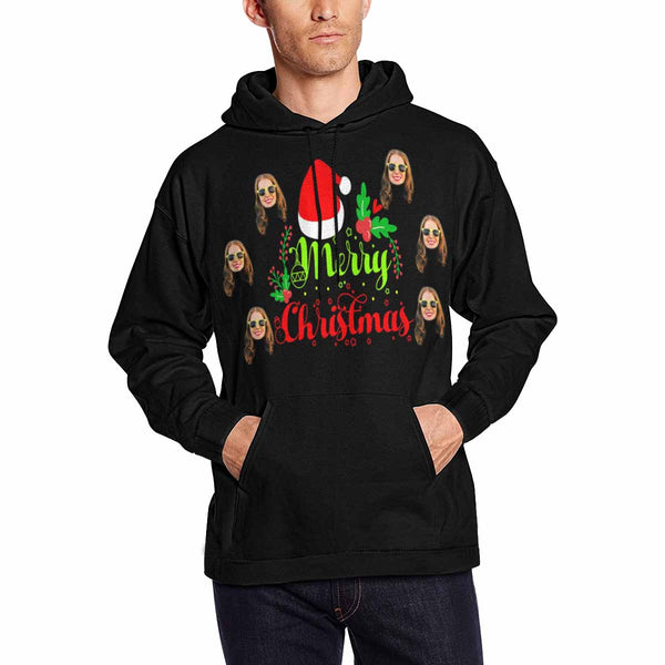 Printing Merry Christmas Hoodie with Face, Custom Men's All Over Print Hoodie Surprise Gifts for Dad Husband Boyfriend