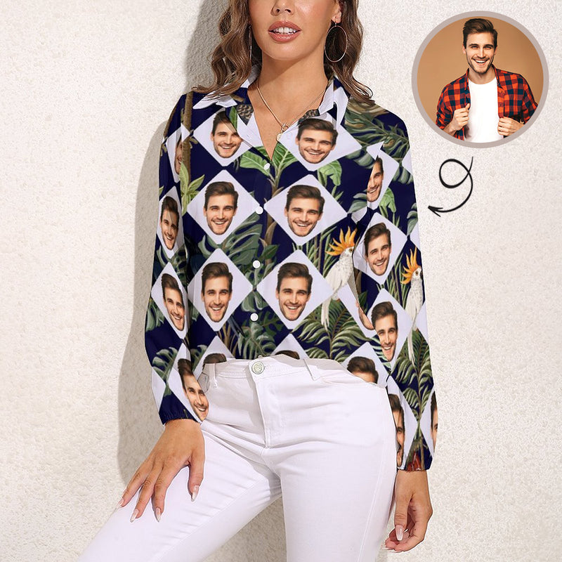 Custom Face Grid Tropical Style Vntage Casual Long Sleeve Hawaiian Shirts