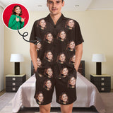 Personalized Pajamas Loungewear Custom Face Black Men's V-Neck Short Pajama Set