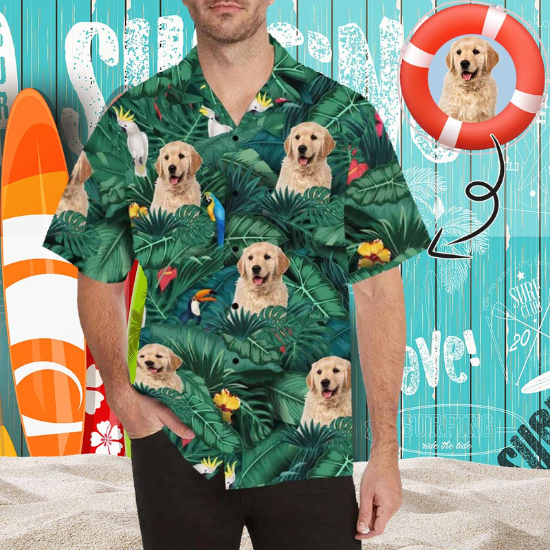 Custom Pet's Face Leaves Men's All Over Print Hawaiian Shirt, Personalized Aloha Shirt With Photo Summer Beach Party As Gift for Vacation