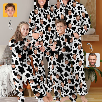 Personalized Hooded Onesie for Family Custom Face Cow Pattern Zip Jumpsuits with Pocket One-piece Pajamas for Adult kids