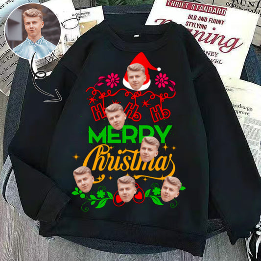 Custom Face Merry Christmas Women's All Over Print Crewneck Sweatshirt, Personalized Sweater With Photo