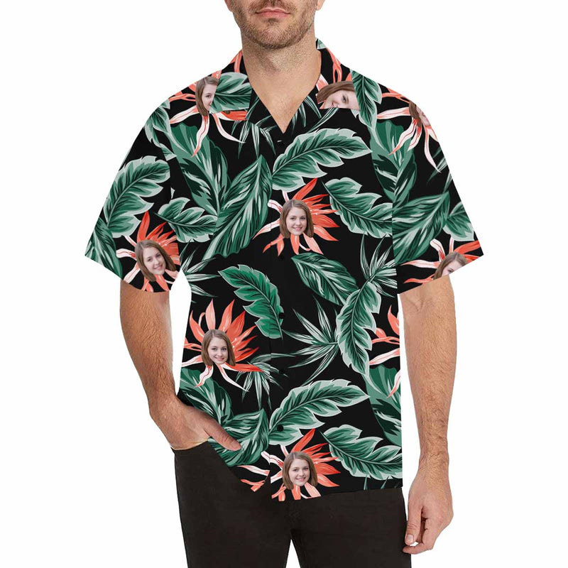 Custom Face Red Flowers Green Leaves Men's All Over Print Hawaiian Shirt