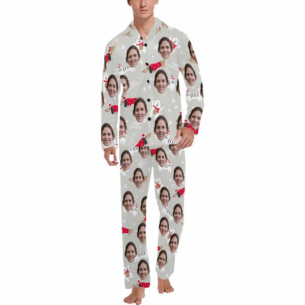 Custom Face Pajamas White Bear&Dog Sleepwear Personalized Men's Long Pajama Set