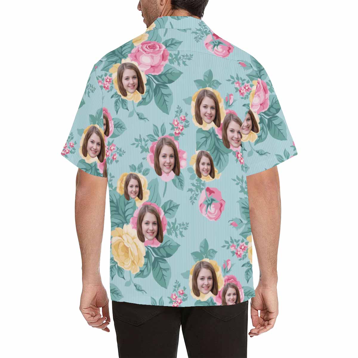 Custom Face Pink Flower Blue Men's All Over Print Hawaiian Shirt