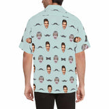 Custom Face Mustache Cyan Color Men's All Over Print Hawaiian Shirt