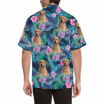 Custom Pet's Face Leaves Men's All Over Print Hawaiian Shirt, Personalized Aloha Shirt With Photo Summer Beach Party As Gift for Vacation