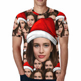 Custom Face Red Christmas Hat Tee Put Your Photo on Shirt Unique Design Men's All Over Print T-shirt