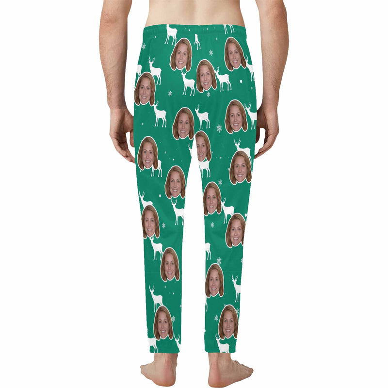 Custom Face Christmas Deer Green Sleepwear Personalized Men's Slumber Party Long Pajama Pants