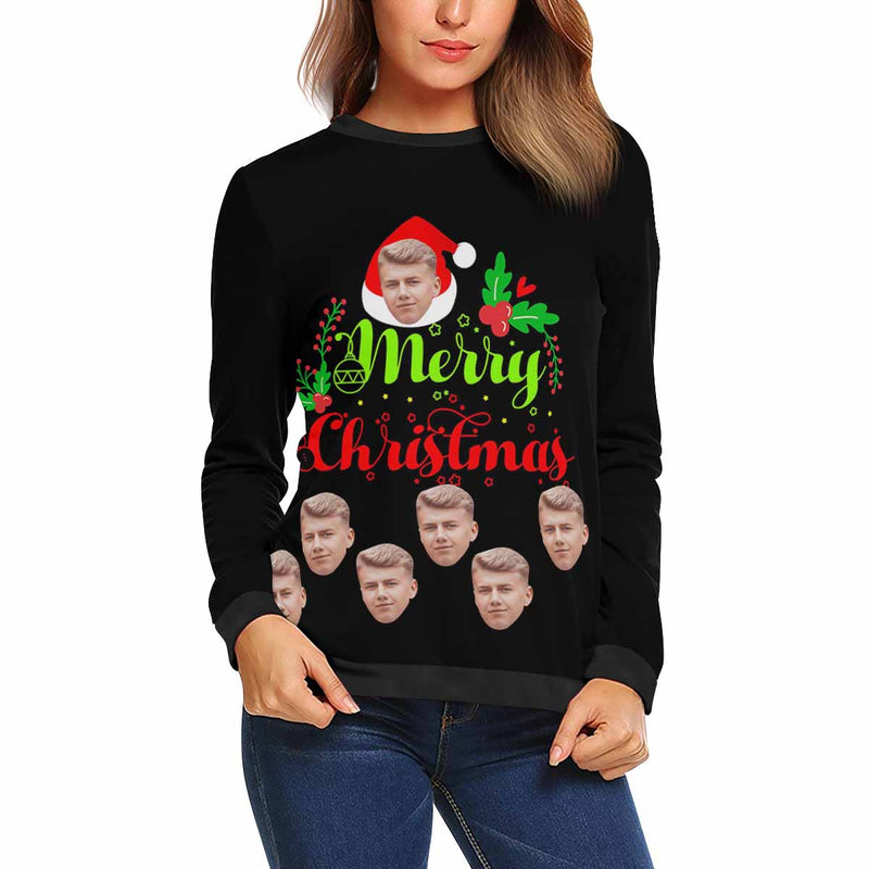 Custom Face Merry Christmas Women's All Over Print Crewneck Sweatshirt, Personalized Sweater With Photo