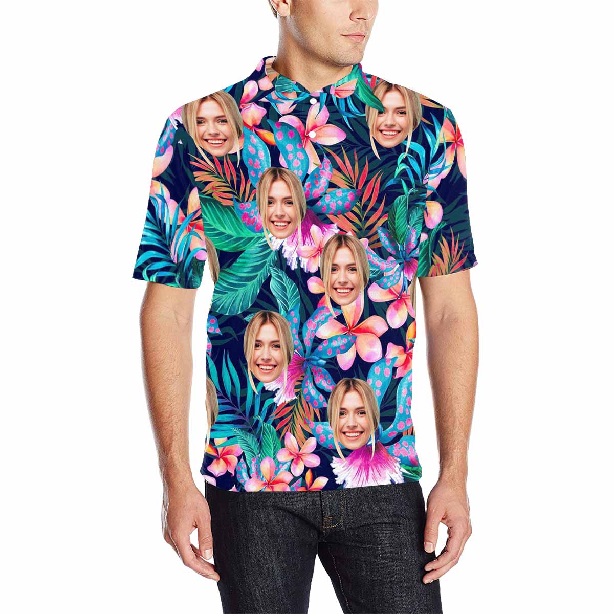 Custom Face Colorful Flowers Polo Shirt, Personlized Shirt For Men, Photo Men's All Over Print Polo Shirt