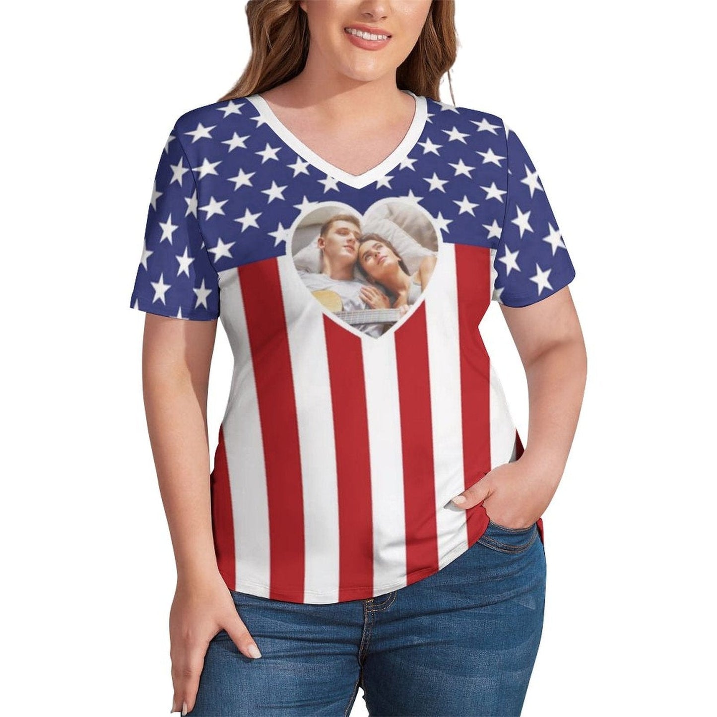 #Plus Size T-shirt-Custom Photo Flag Star Plus Size V Neck T-shirt for Her Design Your Own Shirt Gift