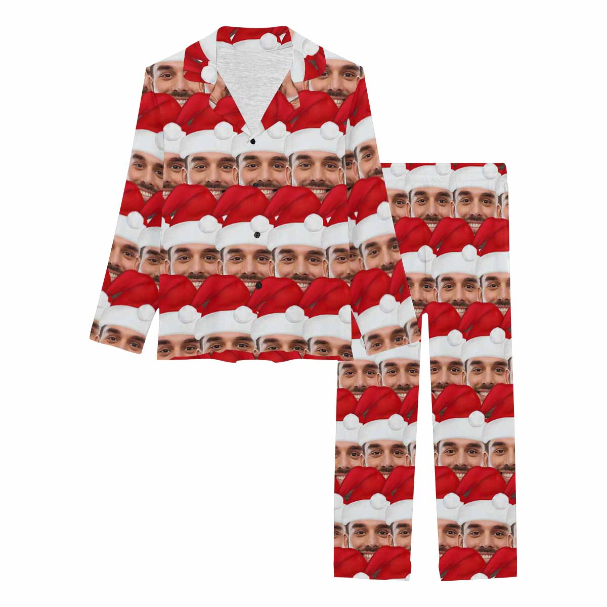 Custom Face Pajamas Christmas Hat Seamless Sleepwear Personalized Women's Long Pajama Set