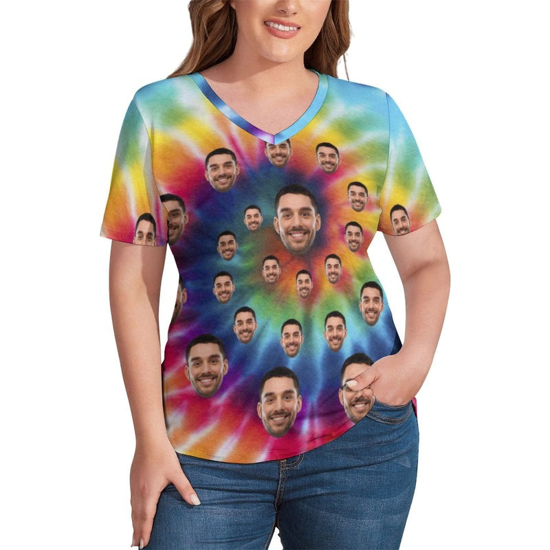 #Plus Size T-shirt-Custom Face Tie Dye Plus Size V Neck T-shirt for Her Print Your Own Face on Shirt