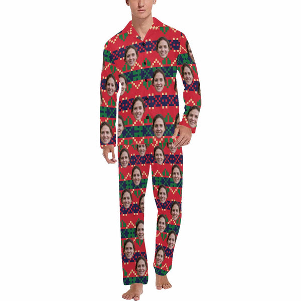 Custom Face Pajamas Small Grid Red Sleepwear Personalized Men's Long Pajama Set