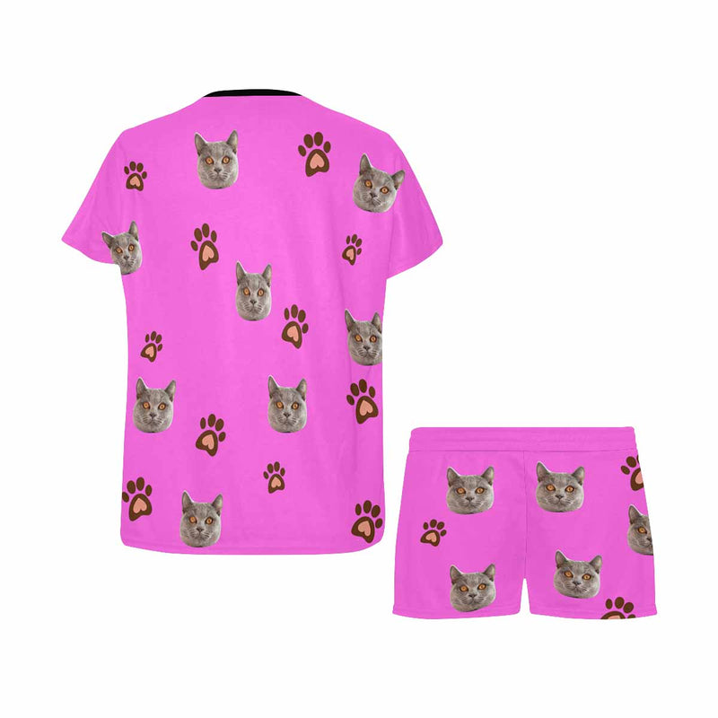 Custom Face Pajamas Lovely Cat Pink Sleepwear For Her Personalized Women's Short Pajama Set