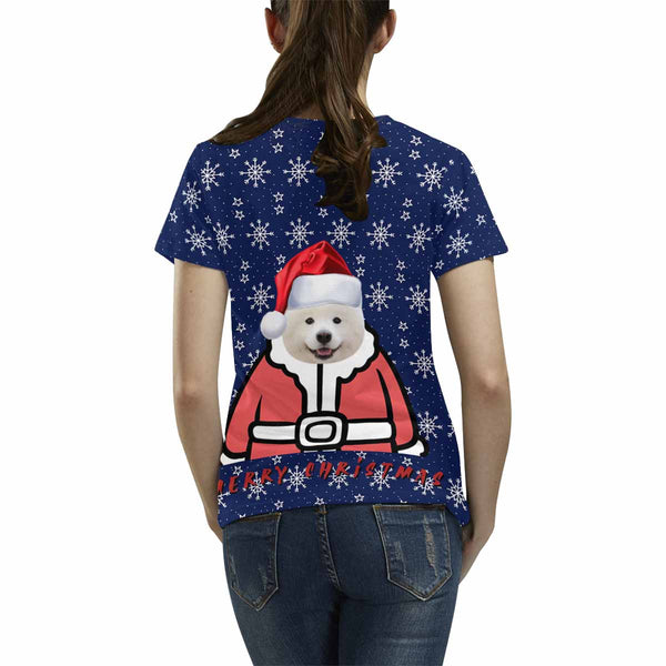 Custom Face Cute Puppy Christmas Hat Women's All Over Print T-shirt