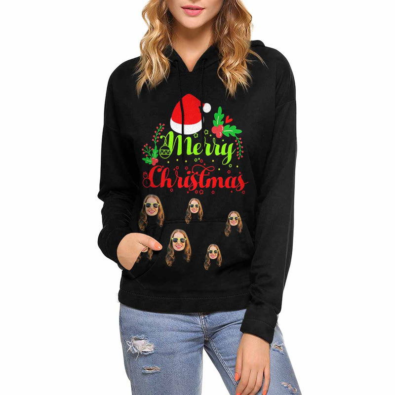 Printing Merry Christmas&Hat Hoodie with Face, Custom Women's All Over Print Hoodie Surprise Gifts for Mon Wife Girlfriend