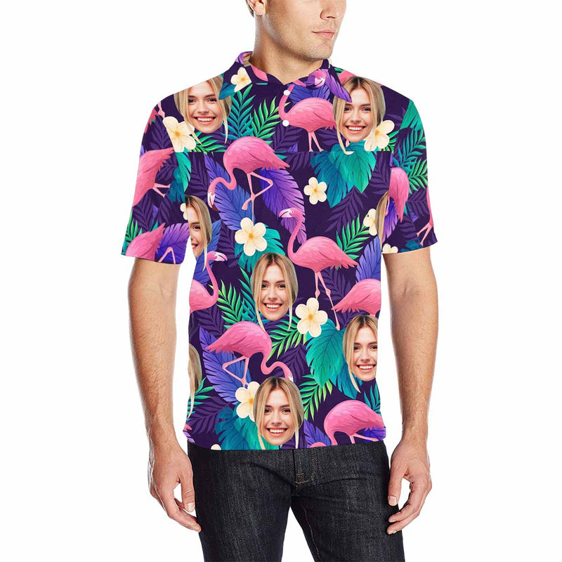 Custom Face Purple Flamingo Polo Shirt, Personalized Shirt for Men, Photo Men's All Over Print Polo Shirt