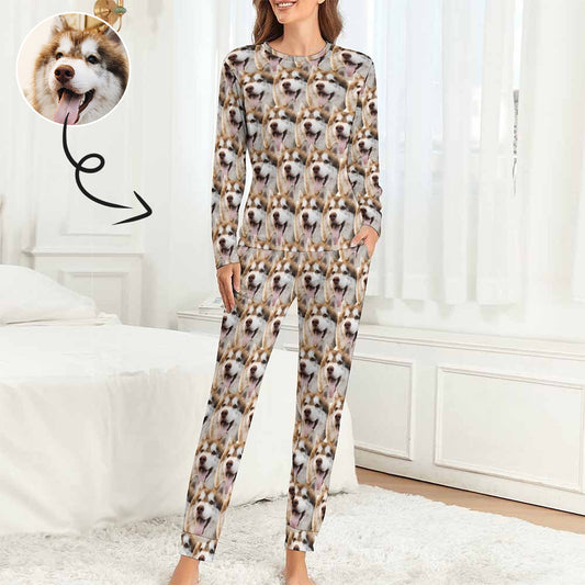 Custom Face Pajamas My Lovely Dog Seamless Sleepwear Personalized Women's Crewneck Long Pajamas Set