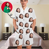 Personalized Pajamas Loungewear Custom Face White Men's V-Neck Short Pajama Set