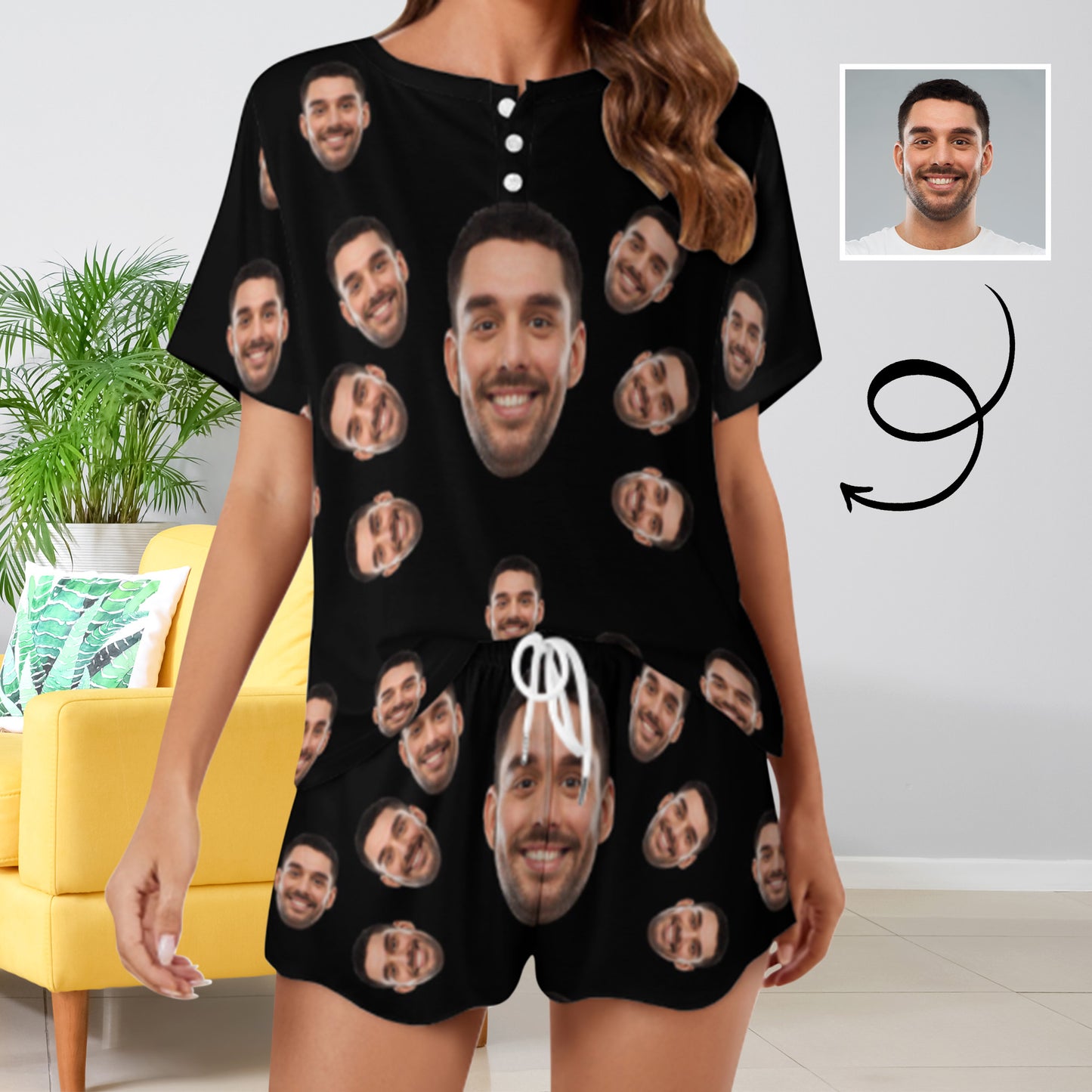 Custom Face Handsome Boyfriend Black Print Pajama Set Women's Short Sleeve Top and Shorts Loungewear Athletic Tracksuits