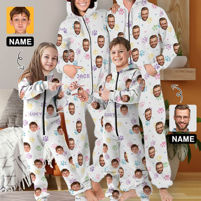 Personalized Hooded Onesie for Family Custom Face&Name Zip Jumpsuits with Pocket One-piece Pajamas for Adult kids